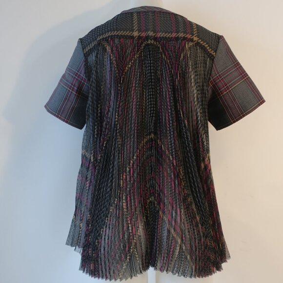 Women Sacai Black Gray Burgundy Plaid Short Sleeve Pleated Top Blouse M - Picture 7 of 14